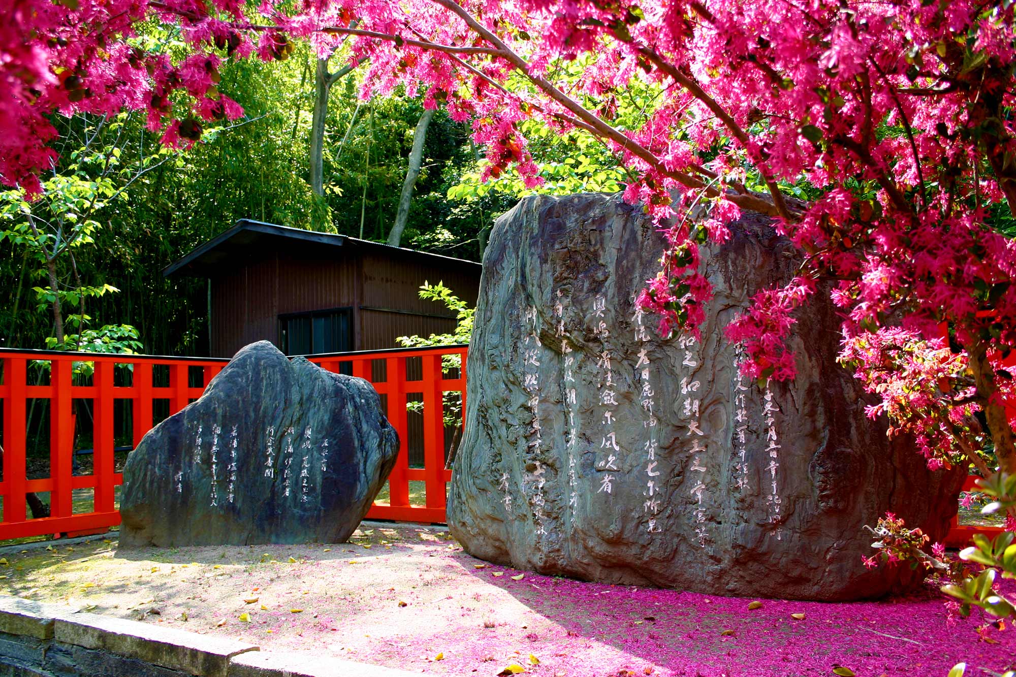 This stone is inscribed with a tanka poem of Akahito Yamabenoの写真